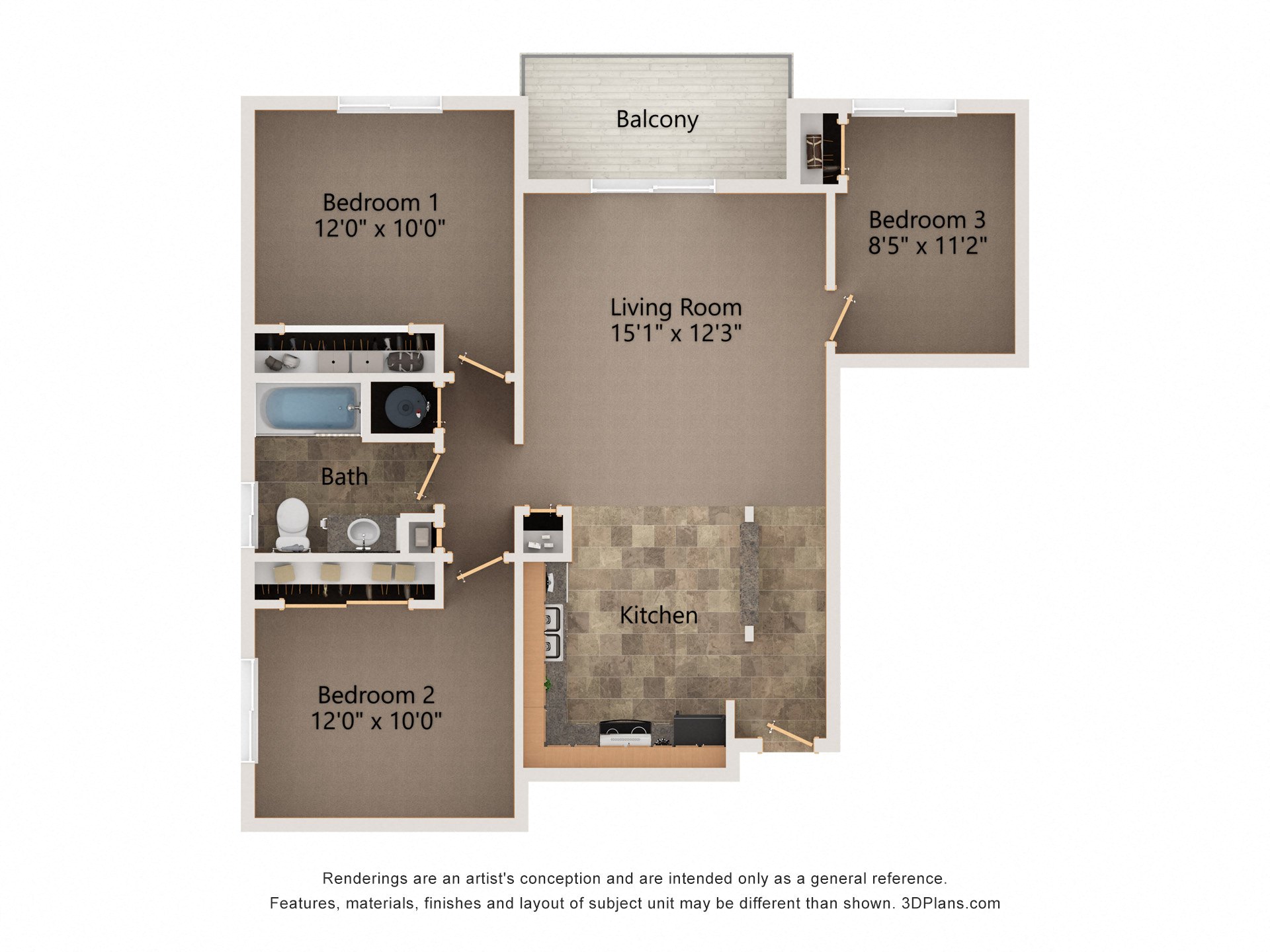 Floor plan for 2 beds, 1 bath, 996 sqft